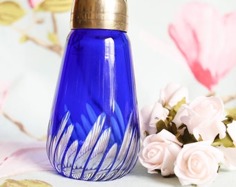Striking Edwardian blue glass muffiniere (sugar shaker)