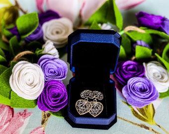 Sterling silver filigree heart-shaped earrings supplied in luxury velvet box