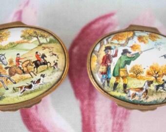 Bilston and Battersea glorious hand-painted hunting and shooting enamel trinket pots