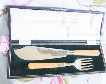 Fine Victorian fish servers:  beautiful green velvet box