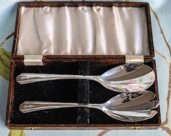 Art Deco silver plate serving fork and spoon with original box