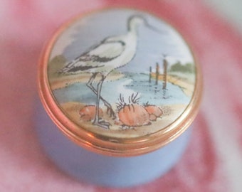 Delightful petite Crummles hand-painted fine enamel trinket pot of an avocet