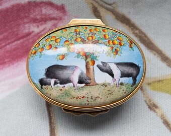 British Saddleback pigs: Crummles hand-painted enamel trinket pot