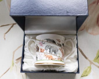 Halcyon Days fine porcelain Noah's Ark cup: fine Christening gift