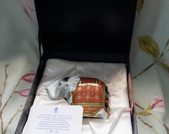 Limited edition Royal Crown Derby Mulberry Hall Baby Elephant : 22 carat gold fine porcelain large paperweight (gold stopper) artist signed