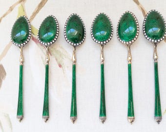 Stunning set of six guilloche enamel jewelled silver gilt spoons: likely David Andersen's Russian Style but maker's mark hard to read