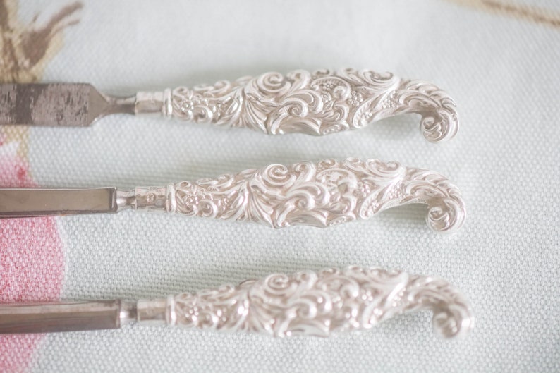 Puede incluir: Tres limas de u&ntilde;as de plata con dise&ntilde;os florales ornamentados. Las limas tienen un extremo puntiagudo y un mango redondeado.