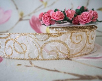 38 mm wired lurex edge ribbon in sparkly gold swirls
