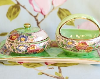 Delightful Malingware sponge-painted dressing table set: fine lustreware