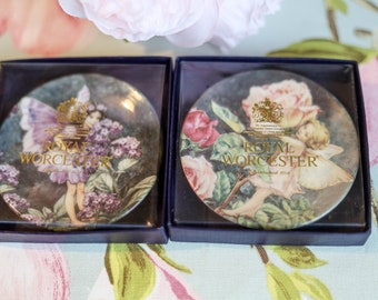 Royal Worcester Flower Fairies (Rose and Heliotrope) trinket dishes: boxed, condition as new