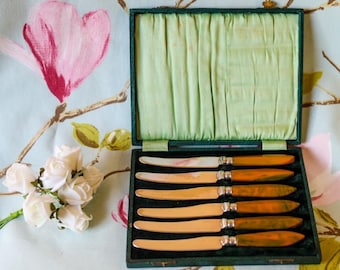 Striking boxed set of Art Deco silver plate and marbled Bakelite tea knives