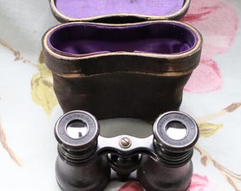 Victorian Lemaire (French) opera glasses:  famed bumble bee logo on case button