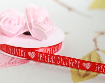 10mm red satin Special Delivery hearts ribbon