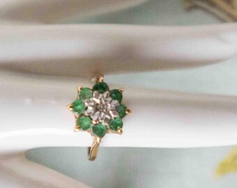Glorious antique emerald and diamond 9 carat gold ring: supplied newly boxed as shown