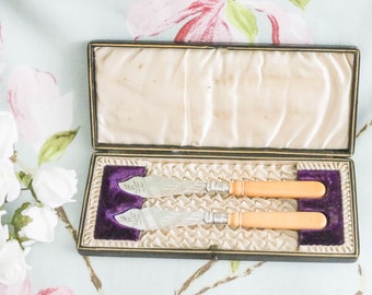 Boxed set of sterling silver-collared Edwardian butter knives: Yates Brothers Sheffield 1904