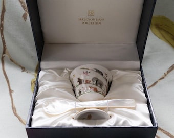 Halcyon Days fine porcelain Noah's Art egg cup and mother of pearl spoon: fine Christening gift