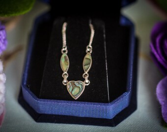 Vintage 18 inch sterling silver and abalone heart-shaped necklace in new luxury velvet box