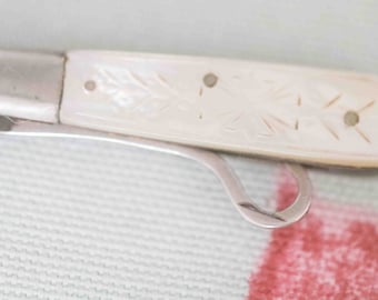 Victorian mother of pearl and sterling silver folding button hook:  John Yeomans Cowlishaw Sheffield 1900
