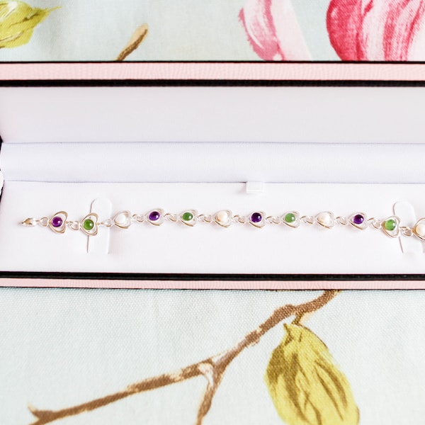 Suffragette colours: boxed sterling silver, dark amethyst, nephrite jade and freshwater pearl heart bracelet