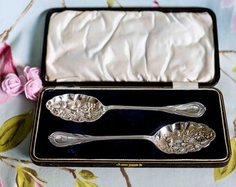 Wonderful heavy set of Victorian berry serving spoons: Lily pattern finials with monogram M or W
