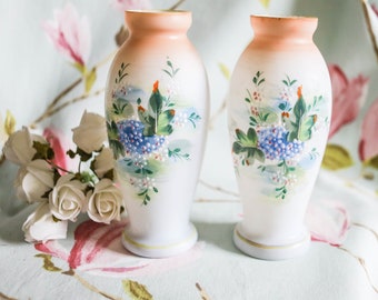 Glorious Victorian opaline peach vases: handpainted