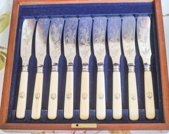 Victorian 8 piece fish cutlery canteen - bone handles with exquisite blade engraving and crest for Perseverance