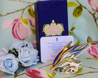 Limited edition signed by the artist Royal Crown Derby 22 carat gold Striped Dolphin with pure gold stopper: commissioned by Connaught House