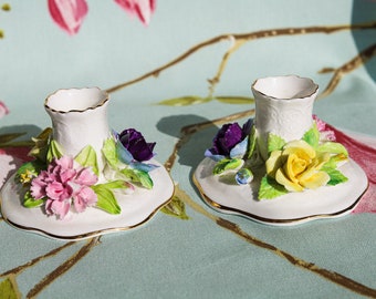 Exquisite Crown Staffordshire fine porcelain floral candlesticks