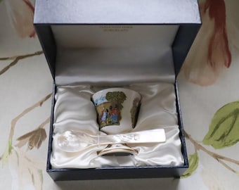Halcyon Days fine porcelain Humpty Dumpty egg cup and mother of pearl spoon: fine Christening gift