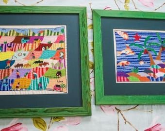 Vibrant framed and glazed original South American brightly coloured woolwork pictures