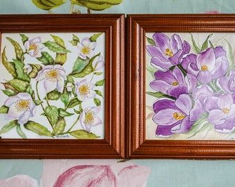 Two pretty floral hand-painted signed tiles: mounted, ready for hanging