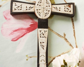 Fine 19th century Indo Portugese crucifix with floral hand-carved panels: 14 x 8 inches