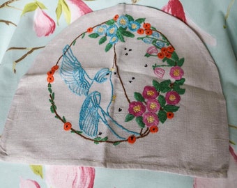 Unused, delightful Irish linen embroidered tea cosy:  could be framed