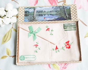 Sweet peas and tea for two: unused as new vintage Irish embroidered linen set