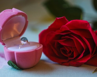 Sterling silver and aquamarine ring in rose bud box