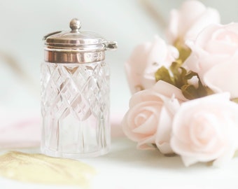 Dainty Victorian sterling silver and cut glass mustard pot: William Devenport Birmingham 1895