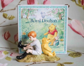 Charming wellington-booted Christopher Robin and Pooh Bear by Royal Doulton: boxed
