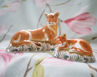 Royal Crown Derby lioness and cub : 22 carat gold fine porcelain paperweights (silver stoppers) 2008