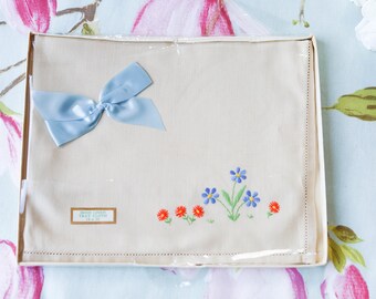 Unused as new vintage Irish embroidered linen tray cloth in original box