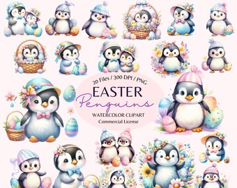 Watercolor Kawaii Easter Penguin Clipart (PNG Files)