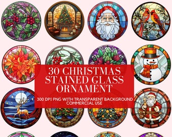 Christmas Ornament Stained Glass PNG | Clipart Bundle | Snowman Clipart | Round Ornament | Commercial Use | Santa Claus Clipart