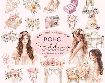 Boho Wedding Watercolor Clipart: Floral Bride PNG Set (35 Files, 300 DPI) (Digital Download