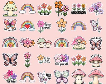 Floral Motivational Stickers, Rainbows, Butterflies (PNG Digital Download)
