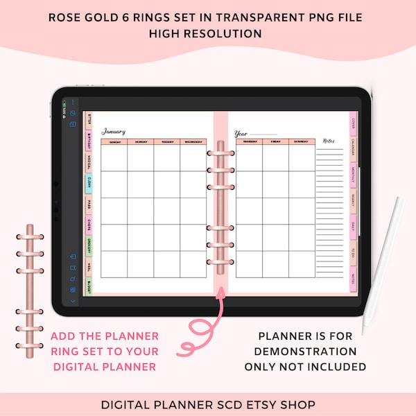 Sale! Digital Planner Binder Rings with spines 3 rings and 6 rings styles in Rose Gold, Silver and Gold Colors Commercial Use Allowed