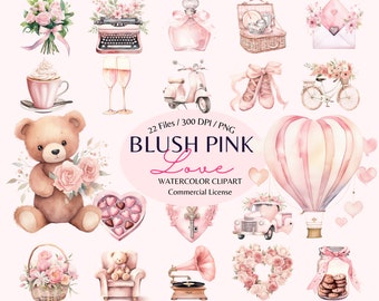 Watercolor Blush Pink Love Clipart Bundle: Valentine's Day PNG (Commercial Use)