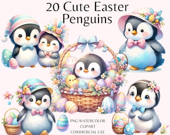 Watercolor Easter Penguin Clipart Bundle: Commercial Use (Digital Download)