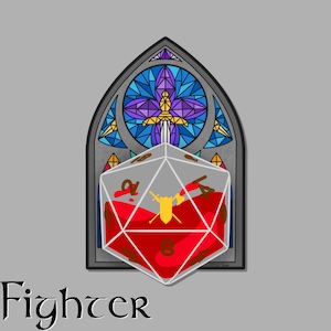 May include: A red 20-sided die with a sword and axe symbol inside, set against a stained glass window with a purple flower design. The text "Fighter" is below the die.