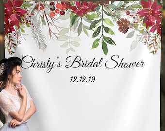 Christmas Red Berry Bridal Shower Backdrop Greenery December Engagement Banner Holiday Bachelorette Decoration Festive photobooth CBS1