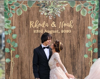 Personalizado rústico verde boda telón de fondo granja decoración boda fotomatón boda recepción banner eucalipto hojas decoración