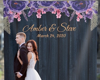 Sfondo di matrimonio floreale viola personalizzato, sfondo per la cerimonia di matrimonio Sfondo romantico per decorazioni per anniversari, banner per foto di matrimonio